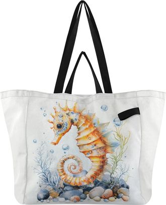 Generic Orange Seahorse White print Reusable Canvas Tote Bag, Heavy Duty Grocery Shopping Bag with Double Handles Large Capacity Hard Bottom Work Groceries Tr
