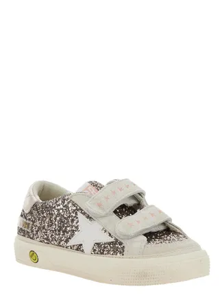 Golden Goose Girls Grey Glittered Low Top Sneakers With Star Patch Polyethylene Terephthalate Trainers