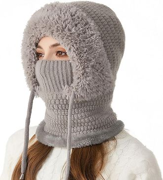 Generic 3 in 1 Beanie Hat for Women, Knitted Hats with Scarf and Mask, Womens Outdoors Windproof Scarf Hat (Grey)