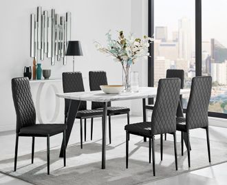 Furniturebox Andria White Marble Effect & Black Leg 6 Seater Dining Table & 6 Milan Faux Leather Chairs