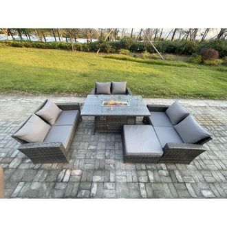Fimous Outdoor Garden Dining Sets 7 Seater Rattan Patio Furniture Sofa Set with Gas Firepit Table Double Seat Sofa Big Footstool Side Table Dark Grey Mixed