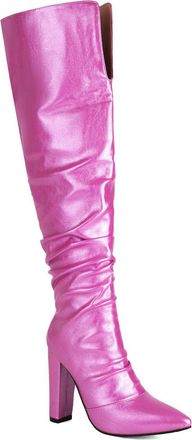 Generic Womens Pull on Slouch Long Boots Pointed Toe PU Leather Over The Knee Boots Chunky High Heel Thigh High Boot,Pink,7.5 UK