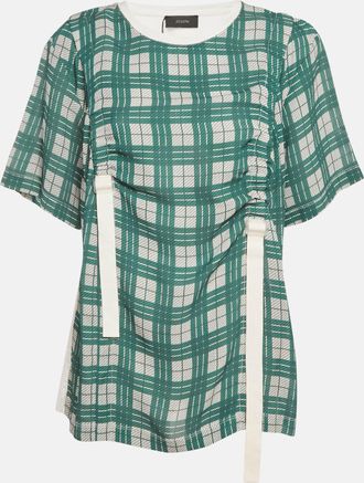 Joseph Green/white Checkered Cotton & Silk Buckle Detail Top