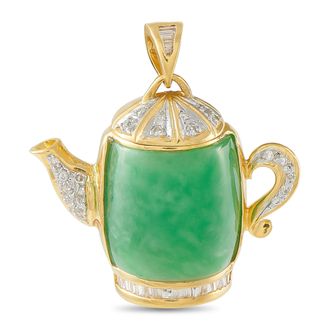 Luxury Bazaar 18K Yellow Gold 0.50ct Diamond and Jade Teapot Pendant MF09-091426