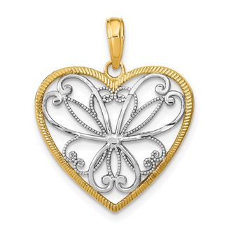 Diamond2Deal 14k Yellow Gold and White Rhodium Filigree Heart Charm Pendant