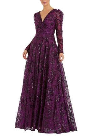 Mac Duggal Embellished V Neck Long Sleeve A Line Gown in Plum at Nordstrom, Size 20