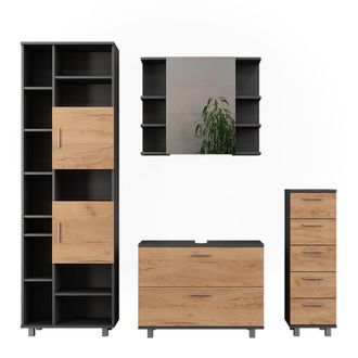 Vicco Conjunto De Muebles De Ba&ntilde;o Ilias, Oro Power Roble/antracita, 4 Piezas, Con Mueble Alto
