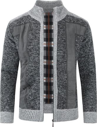 AlltheMen Mens Cardigan Stand up Collar Full Zipper Sweater Patchwork Thick Warm Jumper Knit Lined Sweater Dark Grey XXL