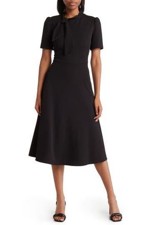 Maggy London Short Sleeve Necktie Midi Dress in Black at Nordstrom Rack, Size 10