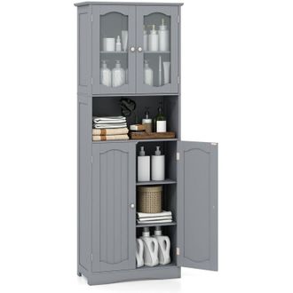Costway Armadietto Salvaspazio 60 x 30 x 164cm, Mobile Bagno con Scomparti Aperti, Ripiani Regolabili e 2 Porte in Vetro Temprato, Armadio da Bagno