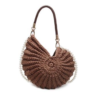 Generic Shell Bag Hand-Woven Shell Bag Unique Knitting Shoulder Handbag Summer Beach Accessory Chic Holiday Pearl Chain Sling Bags(Coffee)