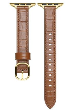 Posh Tech Carmen Skinny Croc Embossed Leather Apple Watch Watchband in Rustic Caramel at Nordstrom