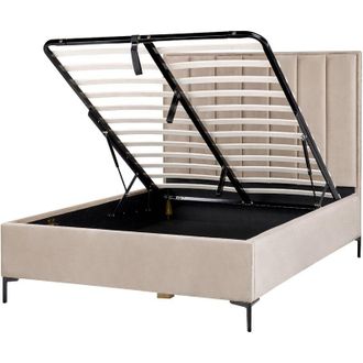 Beliani Beliani - Velvet eu Double Size Bed Frame 4ft6 Taupe Ottoman Storage Sezanne