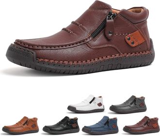 Generic Tuthrav Leather Shoes, Mens Handmade Premium Leather Slip Wide Toe, Arch Support & Side Zipper (10.5,Brown)