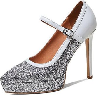 Generic Womens Glitter Mary Janes Platform Stiletto Heel Round Toe Dress Pumps Adjustable Ankle Strap Buckle Closure Lightweight Non Slip Shoes,Silver,4.5 UK