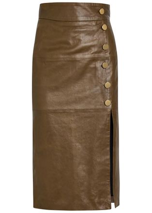 Skiim Lucy Leather Midi Skirt - Khaki - 38 (UK10 / S)