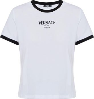 Versace White Cropped Viscose Contrast Trim T-shirt
