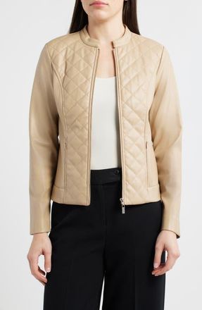 Anne Klein Quilted Faux Leather Moto Jacket in Latte at Nordstrom, Size X-Small