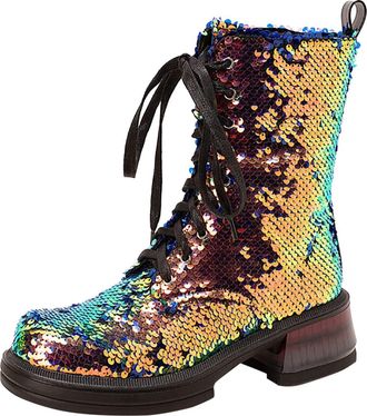 Generic Women Ankle Boots Fashionable Foreign Trade Sequins in Autumn and Winter Comfortable Round Toe Square Heel Thick Heel Mens Boots Size 15 (B, 6.5)