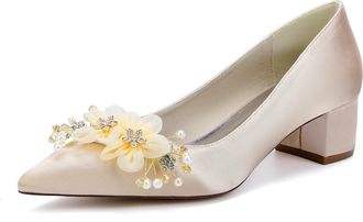 Generic Wedding Prom Shoes Women Bridal Pointy Toe Satin Low Heels Slip-On Rhinestones Evening Dressy Pumps 4.5Cm,Champagne,10 UK