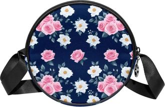 Generic Circle Crossbody Bag for Women, White Pink Roses Small Sling Bag Daypack with Zipper Adjustable Shoulder Straps Casual Ladies Girls Round Purse