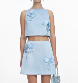 Self Portrait Satin 3D Sequin Flower Top In Blue