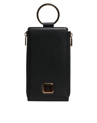 Dolce & Gabbana Womens Black Leather Logo Plaque Neck Strap Card Coin Wallet