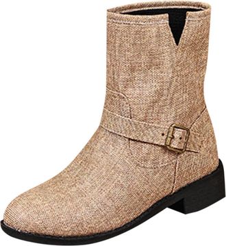 Generic Khaki Ladies Everyday Boots with Fabric and Buckle Design in Beige for Daily Use