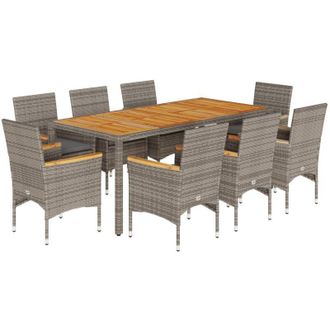 vidaXL Set De Comedor Jard&iacute;n 9 Pzas Con Cojines Rat&aacute;n Pe Acacia Gris Vidaxl