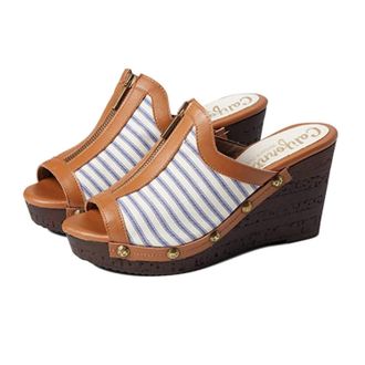 Californians Womens Californians Ginger Slide Blue Stripe Zipper Wedge Heels Sandal HTAT151