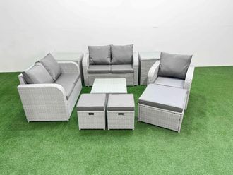 Fimous High Back Poly Rattan Garden Furniture Set w/ Reclining Chair Loveseat Sofa Square Coffee Table Indoor Outdoor Patio Set 3 Stools 2 Side Table