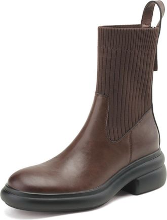 Generic Womens PU Leather Ankle Boots Round Toe Ribbed Knit Panel Thick Platform Block Heels Side Zipper Pull Tab Soft Lining Cushioned Insole Durable Outsole