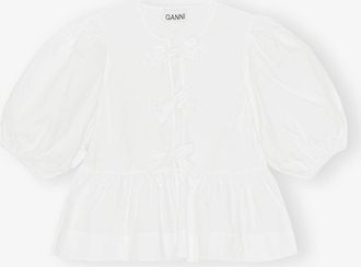 Ganni White Cotton Poplin Peplum Tie Blouse - Size 32 Organic