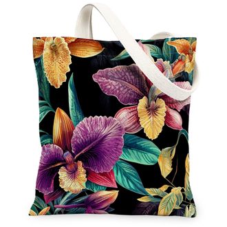 Generic Spring Orchids Flower Canvas Tote Bag for Shopping 13x15, Vintage Retro Florals Reusable Grocery Print Bag for Women, Fun Aesthetic Beach Aesthetic Pa