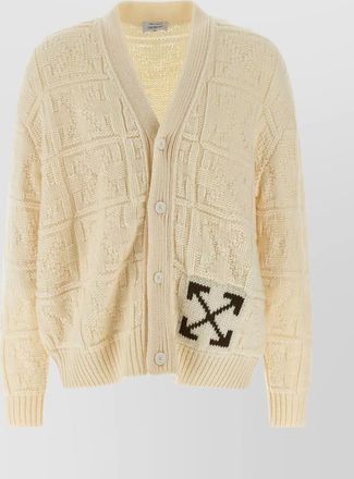Off-white ribbed cuff and hem textured knit cardigan