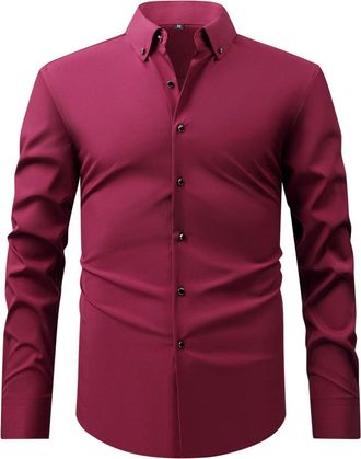 Generic Mens Dress Shirt Formal Stretch Wrinkle-Free Long Sleeve Slim Fit Black Button Down Shirts S-3XL