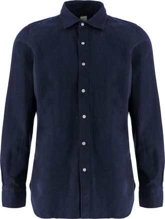 Finamore Navy Ribbed Cotton Curved Hem Shirt