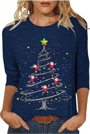 Generic KUIH Christmas Tops for Women Xmas Tees Shirts Christmas Tunics Casual Novelty 3/4 Sleeve Top Crewneck Blouse Cotton Xmas Sweatshirts Graphic T-shirts