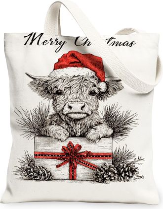 Generic Christmas Cow Canvas Tote Bags, Rustic Animal Design Reusable Shopping Bags, Winter Vintage Lightweight Washable Shoulder S, White, 13x15 Inch