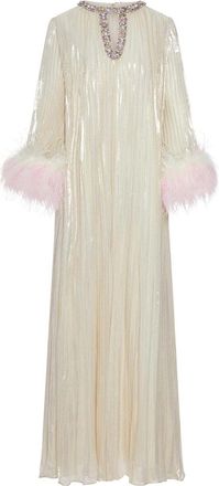 Self Portrait Long Metallic Dress With Feathers