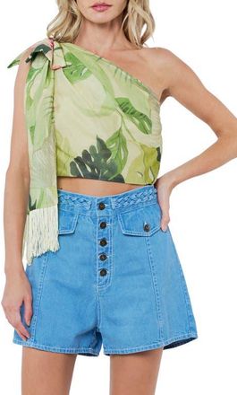 Ciebon Elsy Floral Print Asymmetric Crop Top in Citron Multi at Nordstrom, Size X-Small