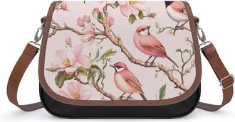 Generic Spring Floral Bird Patterns Leather Crossbody Bags for Women Messenger Handbag Purse Shoulder Bag