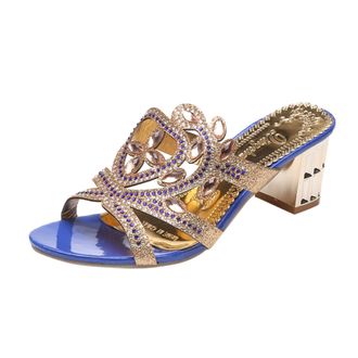 Generic Womens High Heel Slippers with Fish Rhinestone Mouth Design Fashion Thick Sandals for Ladies Comfortable Indoor Outdoor Footwear (Blue, 4.5)