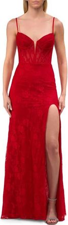 La Femme Stretch Lace Fitted Dress with Illusion Bustier Top in Red at Nordstrom, Size 00