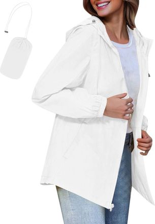 Generic Womens Rain Jacket Womens Waterproof Jacket Packable Lightweight | Ladies Sleek Hooded Raincoat for Walking, Holiday & Festivals White