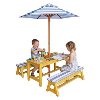 Relaxdays Relaxdays Conjunto Infantil Para Exterior, Mesa Y Bancos Tipo Picnic Con Sombrilla Y Cojines, Madera, Natural