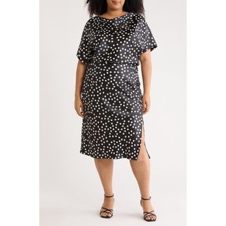 Renee C Polka Dot Short Sleeve Satin Midi Dress in Black at Nordstrom Rack, Size 2X