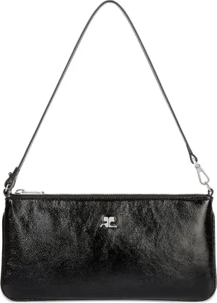 Courr&egrave;ges Rectangular Black Handbag with Glossy Finish and Silver Emblem
