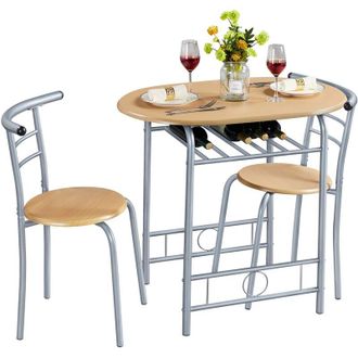Yaheetech Yaheetech - Juego Mesa De Cocina Con 2 Sillas De Comedor Conjuntos De Mueble De 3 Piezas Con Vino Estante Madera Natural+plata