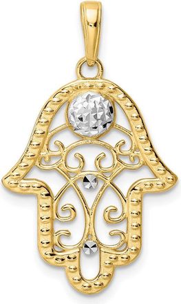 Diamond2Deal 14k Yellow Gold White Rhodium Diamond-Cut Evil Eye Filigree Hamsa Pendant